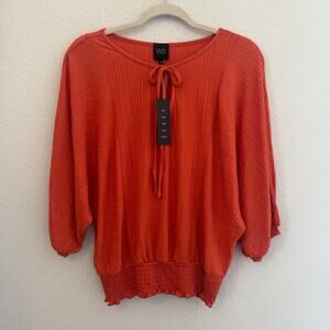 W5 Anthropologie Orange Waffle Dolman Sleeve Blouse Smocked Hem Size M - NWT